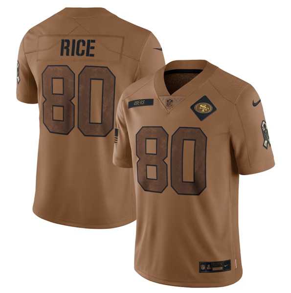 Men%27s San Francisco 49ers #80 Jerry Rice 2023 Brown Salute To Service Limited Football Stitched Jersey Dyin